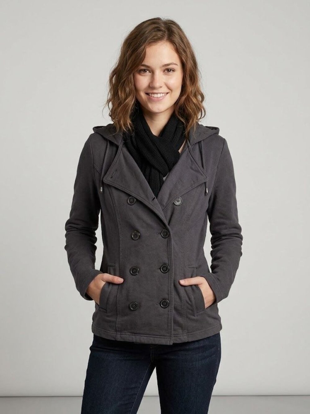 Mossimo Supply Co. Womens Black Hooded Double-Breasted Jacket L Cotton Blend